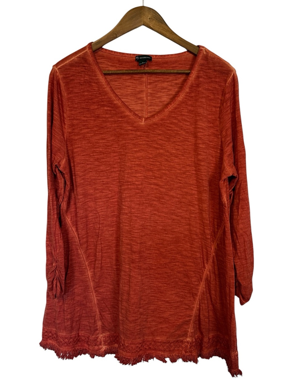 New Directions V Neck Scrunch Sleeve Frayed Trim Tunic Heathered Orange